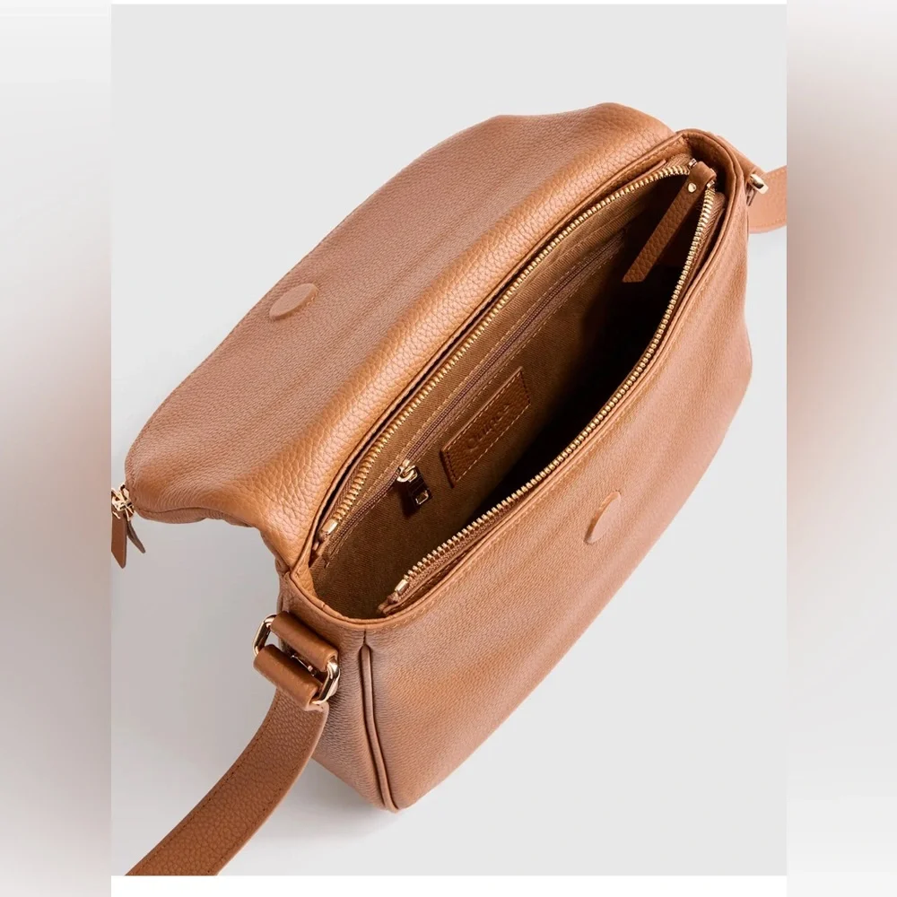 New Quince Italian Leather Foldover Crossbody in Cognac - Picture 7 of 15